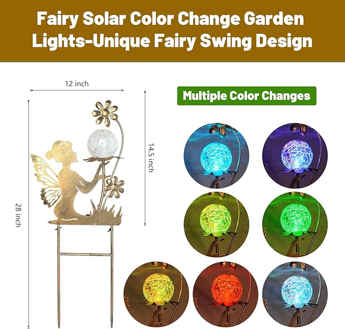 HONGLAND Solar Lights Fairy Garden Decor for Outside,Fairy Figurine Decorative Stake Housewarming Gifts for Patio Lawn Yard Pathway Outdoor Decor-Unique Valentines Day Gifts for Women Mom Grandma