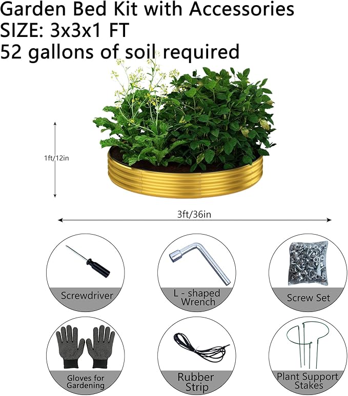 Galvanized Metal Planter Round Raised Garden Bed Kit for Gardening Outdoor Galvanized Planter Outdoor 2PC Gold 3X3X1FT