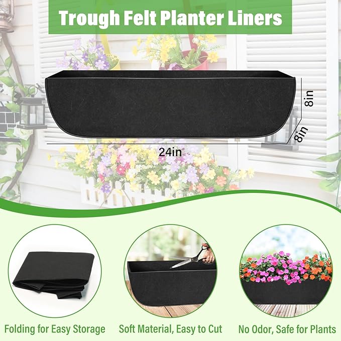 Riare 4 Pack 24 Inch Black Fabric Window Box Liners- Felt Square Trough Planter Basket Liners Replacement, Non-Woven Hanging Flower Plant Box Liner for Outdoor Plants Garden Fence- Avoid Birds Nesting