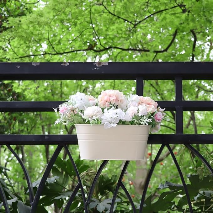 Meltset 3 Pack Metal Iron Hanging Flower Pot, Oval Railing Fence Garden Balcony Planter Pots, Metal Bucket Flower Holders for Wall Indoor Outdoor Home Décor, Beige