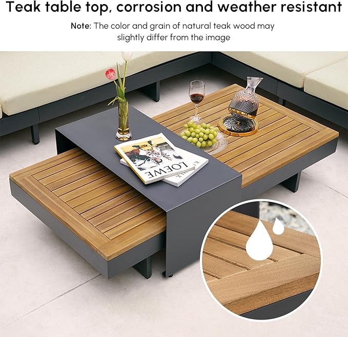 homary 6 Piece Aluminum & Teak Outdoor Sofa Set, Patio Sofa Seat L-Shaped Outdoor Sectional Sofa Set with Adjustable Backrests, Waterproof, Fade Resistant Cushions Ideal for Patios & Balconies,Beige
