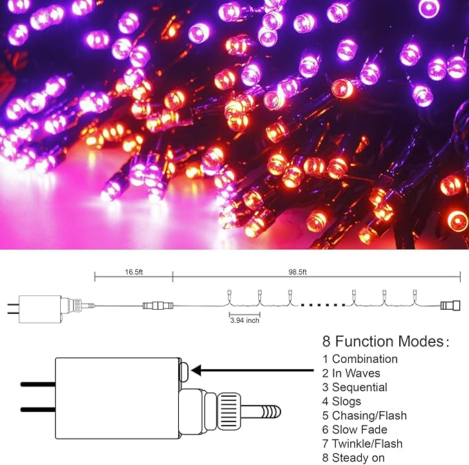 300 LED Halloween String Lights, 98.5FT with 8 Modes, Waterproof, Plug in for Indoor/Outdoor Party Decorations (Purple & Orange)