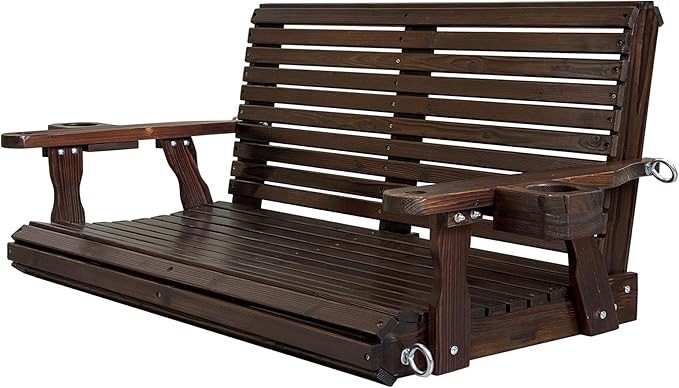 Wooden Porch Swing 2-Seater, High Backrest and Deep Seat, Bench Swing with Cupholders, Hanging Chains and 7mm Springs, Heavy Duty 880 LBS, for Outdoor Patio Garden (Deep Brown, 4.5 feet Extra-Large)