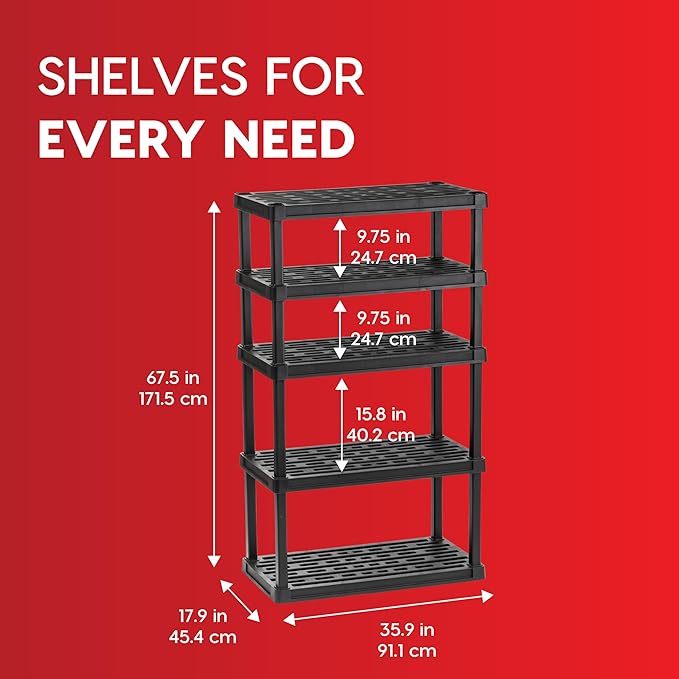 IRIS USA 5-Shelf Heavy Duty Plastic Storage Shelves, 750lb Capacity, 68" H x 36" W x 18" D, Large Modular Shelving Unit Storage Organizer for Garage, Home, Warehouse & Gym, Storage Rack - Black