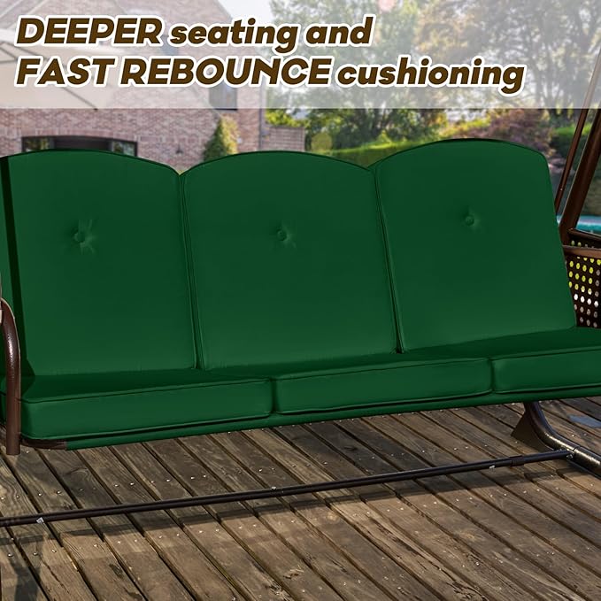 3 in 1 Outdoor Porch Swing with Adjustable Canopy, 3 Seat Outdoor Swing for Adults, Patio Swing Chair with Thickened Cushions,Pillows & Cup Holders for Backyard, Porch, Garden (Green)