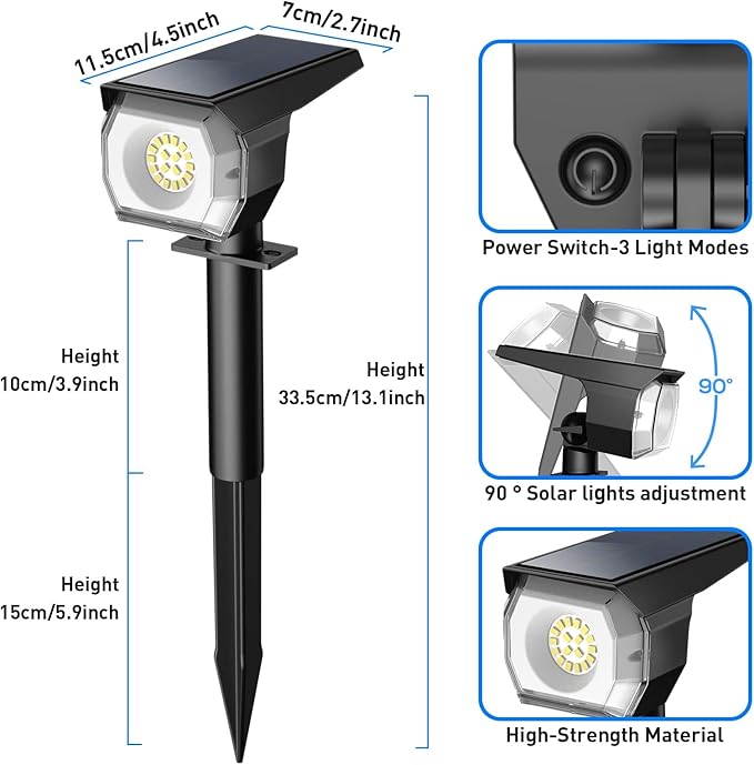 EIUIO Solar Outdoor Lights, 3 Lighting Modes Solar Spot Lights Outdoor with Auto On/Off, IP65 Waterproof Landscape Lighting for Garden Yard Pathway