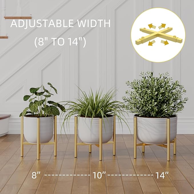 Plant Stand Indoor for 2 Height Options ,Mid Century Modern Outdoor Planter Holder,Corner plant stand Capacity of 160LB for 8 to 14 Inch Pots Golden with Round Plate 2 Pack