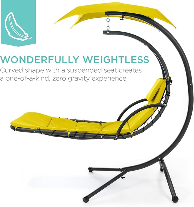 Best Choice Products Outdoor Hanging Curved Steel Chaise Lounge Chair Swing w/Built-in Pillow and Removable Canopy - Yellow