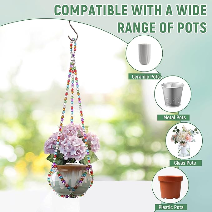 17''，2 Pack Macrame Plant Hanger, Handmade Glass Bead Plant Hanger Colorful Decorative Bohemian Hanging Planter Holder for Indoor and Outdoor Home Garden Decor. Includes Two Hooks.
