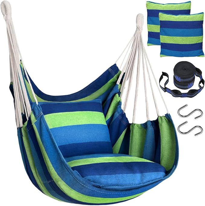 Halalona Hammock Chair Hanging Hammock Chair Rope Swing 2 Cushions Included-Sturdy & Durable Soft Cotton Hand Woven Hammock Swing for Bedroom, Porch, Patio-Indoor/Outdoor