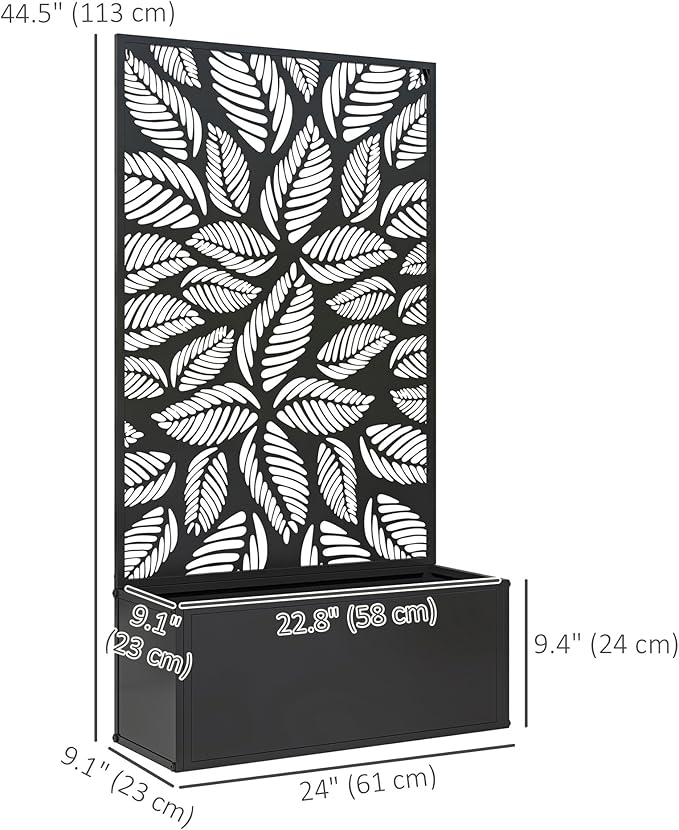 Outsunny Metal Raised Garden Bed with Trellis for Climbing Plants, Freestanding or Wall Mounted Flower Bed with Privacy Panel, Small Leaves Cut-Outs Outdoor Planter Box for Garden, Patio, Balcony