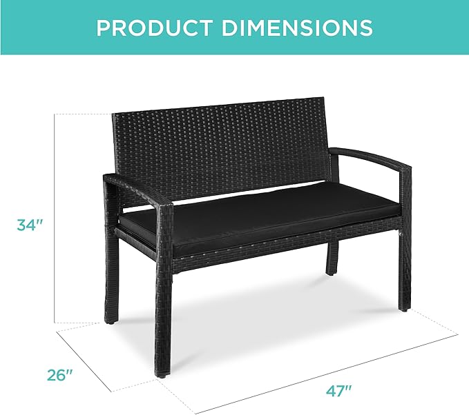 Best Choice Products Outdoor Bench 2-Person Wicker Garden Patio Benches Seating Furniture for Backyard, Porch w/Seat Cushion, 700lb Capacity - Black/Black