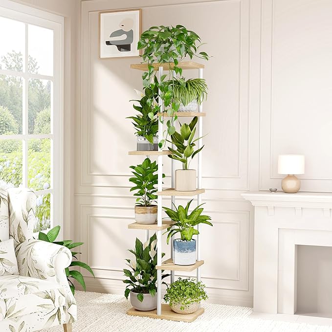 Bamworld Tall Plant Stand Indoor, 7 Tier Plant Shelf for Multiple Plants, Tiered Flower Pot Stands for Patio Garden Balcony Living Room Bedroom, White