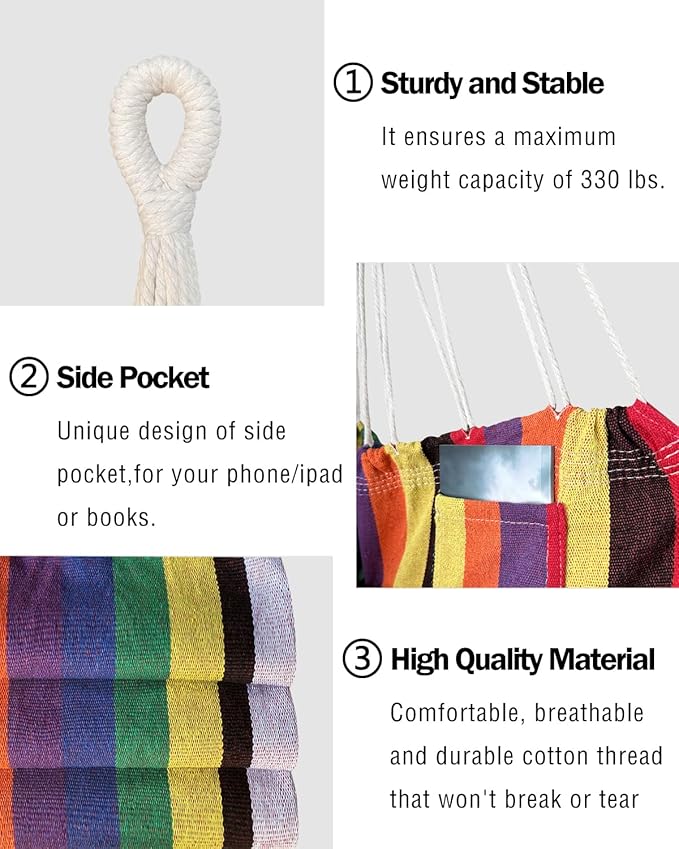 Halalona Hammock Chair Hanging Hammock Chair Rope Swing 2 Cushions Included-Sturdy & Durable Soft Cotton Hand Woven Hammock Swing for Bedroom, Porch, Patio-Indoor/Outdoor