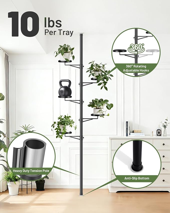 Tension Rod Plant Stand, 5 Tier Tension Pole Plant Stand with 5 Metal Trays, Plant Poles for Hanging Plants Indoor, Floor to Ceiling Plant Pole Hanging Plant Stand