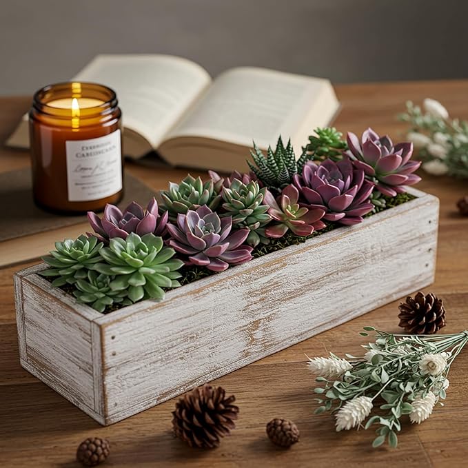 Dandat 2 Set Wood Boxes for Centerpieces 12x4 Inch Rectangle Wooden Planter Box Rustic Wooden Planters with Removable Plastic Liner Floral Foam Blocks for Christmas Wedding Home Garden Decor(White)