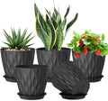 7 inch Plant Pots for Indoor Outdoor Plants, 5 Pack Thick Flower Pots with Drainage Holes and Saucers, 3D Modern Wave Texture Plastic Planter Pots for House Plants, Black