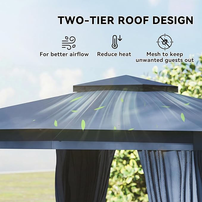 Outsunny 10' x 12' Outdoor Patio Gazebo, Heavy Duty Gazebo Canopy Shelter with Double Roof, Curtains, Netting, Steel Frame, UPF30+ Protection, Ceiling Hooks for Lawn, Backyard, Deck, Blue
