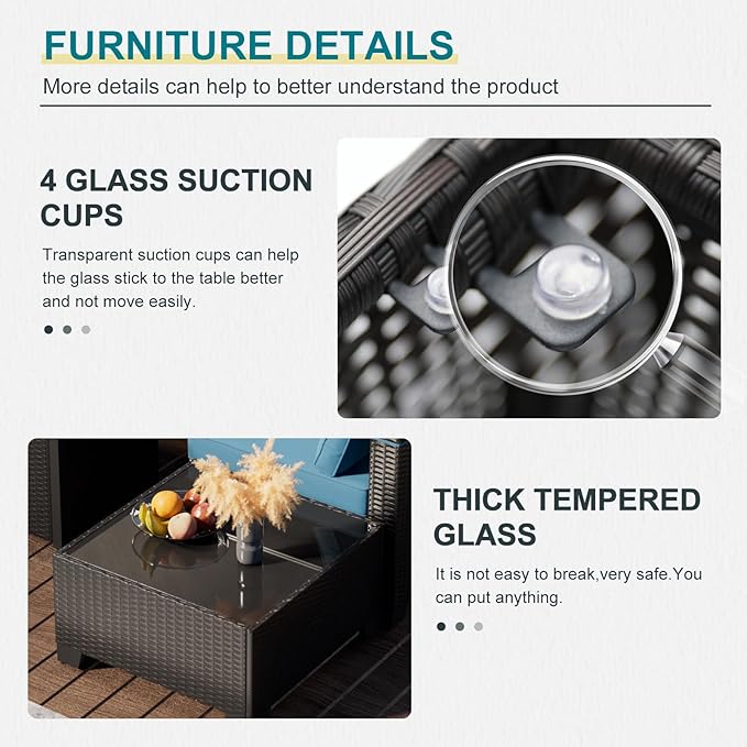 8 Piece Patio Furniture Set with Fire Pit Table, Rattan Outdoor Sectional Sofa, Durable Conversation Set for Backyard, Garden, Deck (Coffee/Peacock Blue)