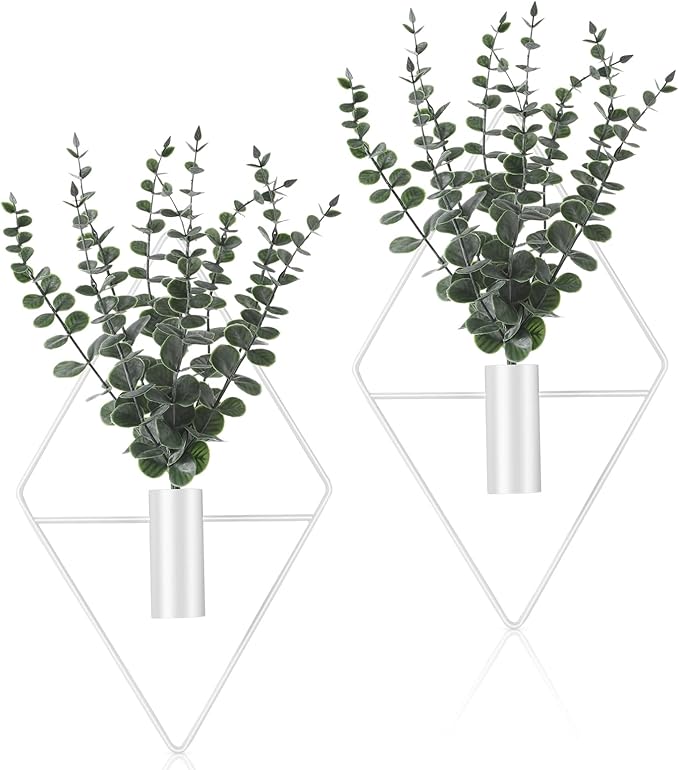 Jexine 4 Pcs Hanging Planters with Artificial Eucalyptus Metal Hanging Vase Indoor Plants Holder Modern Geometric Boho Bathroom Wall Decor for Living Room Home Office (Eucalyptus,White)