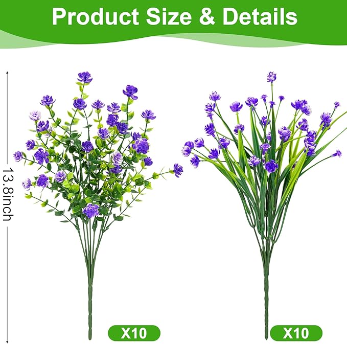 20 Bundles Artificial Flowers for Outdoors Fake Plastic Flowers UV Resistant Realistic Faux Plants Shrubs for Spring Summer Garden Porch Yard Patio Planter Window Box Home Decor, Purple