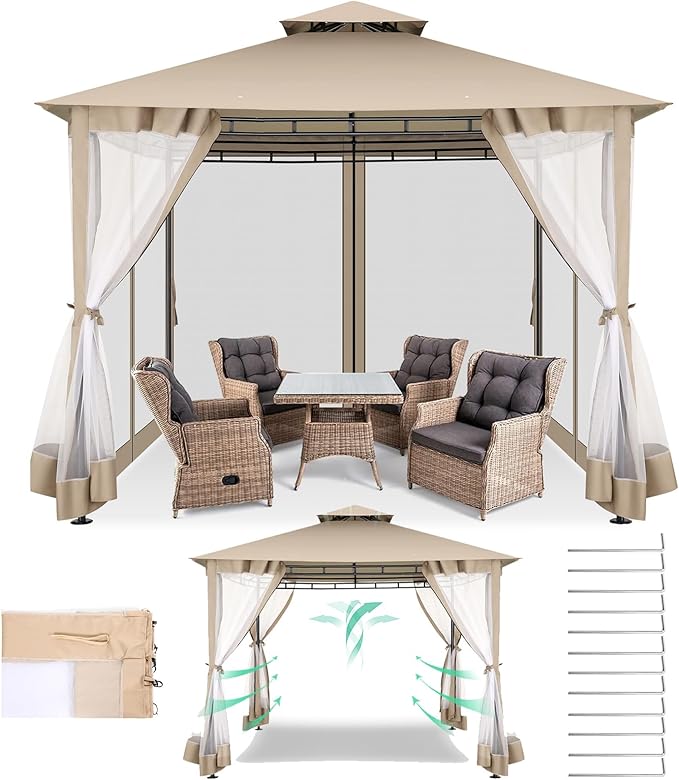 COBIZI Gazebo 10x10 Heavy Duty Gazebos with Improved Nettings Outdoor Gazebo Double Roof Patio Gazebos with Metal Steel Frame Outdoor Canopy for Patio, Deck, Backyard (Khaki)