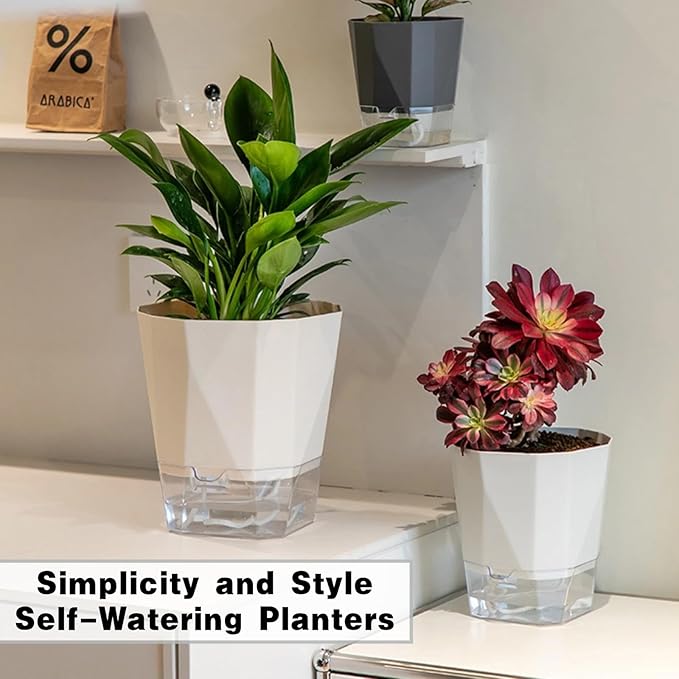 4 Packs Self Watering Plant Pots, Plastic Flower Pots with Drainage Hole and Saucer, Self Watering Planters for Indoor Outdoor Garden Plants, African Violet, Herbs (White, 5")