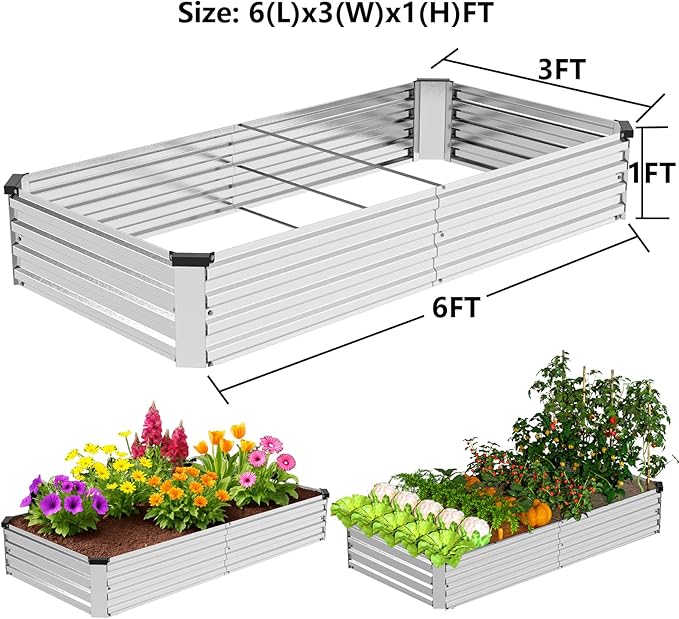 2 Pack 6x3x1FT Galvanized Metal Raised Garden Bed Kit for Vegetables, Herbs, Open-Bottom Large Capacity Outdoor Planter Box Gardening Stakes, Silver