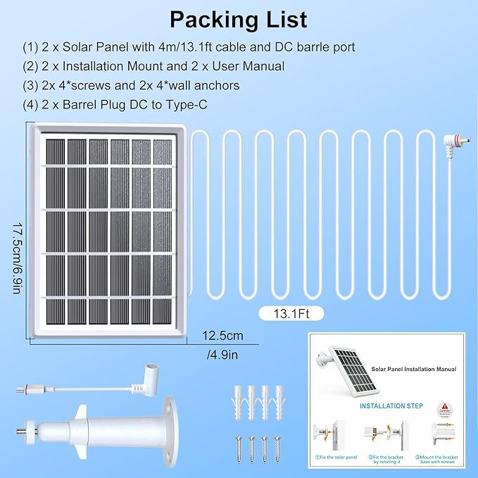 Solar Panel Charger for Ring Camera，Spotlight Cam Plus/Pro and Stick Up Cam Battery, 6V 3W 13.1Ft Fast Charging Cable