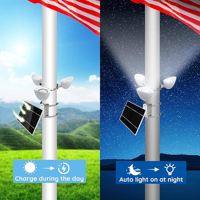 Solar Flag Pole Light, 3 Super-Spotlights LEDs, Adjustable Metal Clamps Fits 2-6''Flag Poles, IP65 Waterproof Outdoor Solar Powered Flagpole Lights, 360 Degrees of Flag Illumination, White