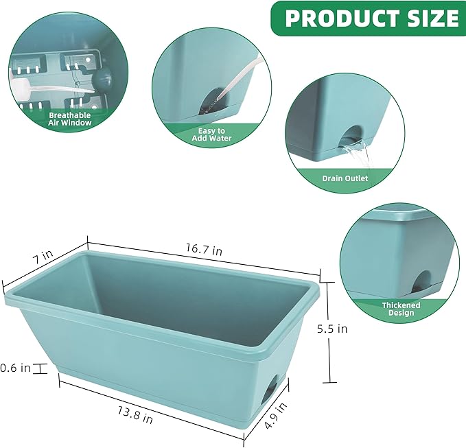 Window Box Planter, 12 Pack Plastic Vegetable Flower Planters Boxes 17 Inches Rectangular Flower Pots with Saucers for Indoor Outdoor Garden, Patio, Home Decor (Brick RED) (Sky Blue)