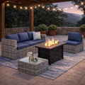 JAMFLY Patio Furniture Sets, 6-Piece Outdoor Patio Furniture with 43'' Propane Gas Fire Pit Table, Wicker Outdoor Conversation Set Sectional Sofa for Backyard, Poolside, Garden(Blue Cushion)