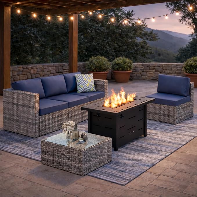 JAMFLY Patio Furniture Sets, 6-Piece Outdoor Patio Furniture with 43'' Propane Gas Fire Pit Table, Wicker Outdoor Conversation Set Sectional Sofa for Backyard, Poolside, Garden(Blue Cushion)