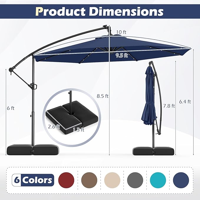 Tangkula 10ft Solar LED Patio Umbrella with Base, Offset Cantilever Outdoor Umbrella with 32 LED Lights, Infinite Tilt, 360 Degree Rotation, Crank Handle for Pool Deck Garden Backyard (Navy)