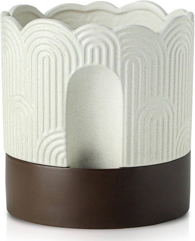 Nihow Self Watering Plant Pot: 8 Inch Ceramic Planter with Drainage Hole & Water Storage Plus - Relief Design Self Watering Pot for Indoor Plants - Beige & Brown Flower Pot