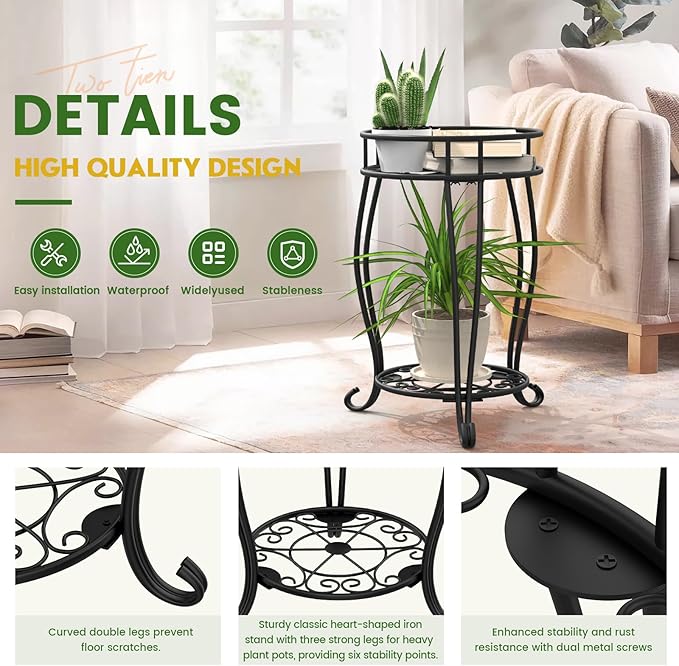 TOSKING 2 Tier Metal Plant Stand Indoor Outdoor , Rustproof Stable Plant Stands Multiple Plant Rack Holder Flower Pot Stand for Living Room Balcony Garden Patio Bedroom (Black, 19.5)