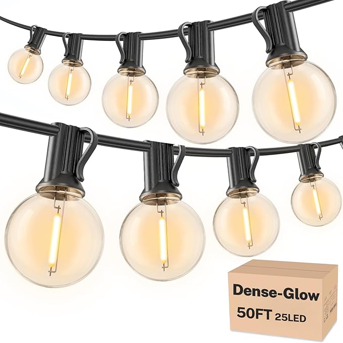 RTTY Dense-Glow Outdoor String Lights 50ft, G40 Led Patio Globe Lights with 26pcs Plastic Bulbs, Shatterproof Waterproof Connectable Hanging for Porch Cafe Bistro Backyard Gazebo Balcony Deck Party