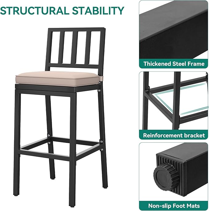 YITAHOME Outdoor Bar Stools Set of 2, Cushioned Metal Outdoor Bar Stools w/Vertical Stripe Back, All-Weather Patio Bar Stools for Balcony Backyard Porch Poolside