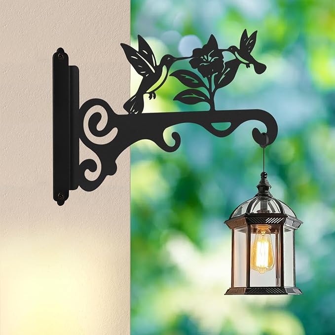 Elegant Bird Pattern Wall Hooks - 10/12/14 Inch Metal Plant Hangers for Indoor & Outdoor - Rust-Resistant Bracket for Plants, Feeders, Chimes, Lanterns (2, Black, 10 inch)