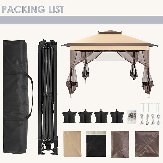 COBIZI 11x11 FT Pop up Gazebo Canopy Tent - Outdoor pop up gazebos on Clearance,carpas para Patio,Shelter - Screen Tents with Portable Carry Bag,Patio Gazebos for Camping,Garden,Deck,Backyard,Brown
