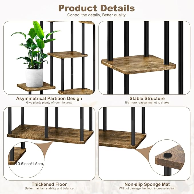 7 Tier Plant Stand Indoor, Thickened Metal Wood Corner Plant Shelf Stands for Multiple Plants, Indoor Tall Plants Stand Tiered Flower Holder for Living Room Patio Garden Balcony(Black+Brown)