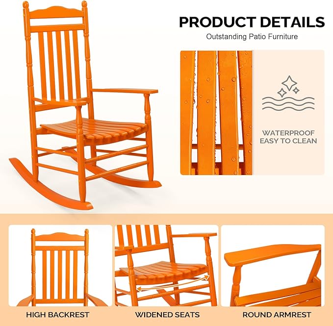 VINGLI Wooden Rocking Chair, Outdoor Chair with 450 lbs Support, Relaxing Rocker with Solid Wood High Back Seat Reclining Seat for Deck, Garden, Backyard, Porch, Indoor or Outdoor Use (Orange, 1PC)