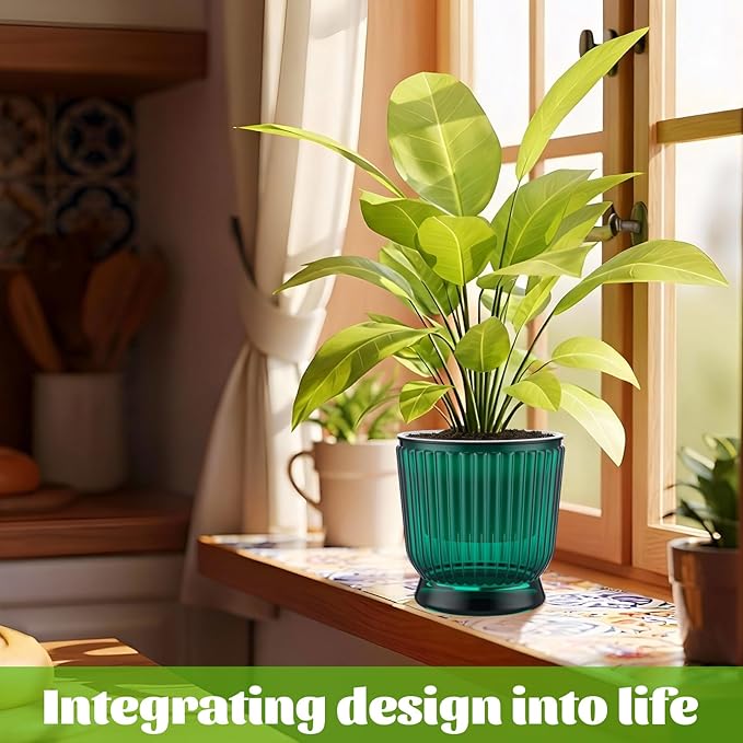 Set of 6 Self Watering Plant Pot 3 Sizes Plastic Double Layer Self Watering Flower Pot with Multi Mesh Drainage Holes Wicking Reservoir for Indoor Outdoor Garden Plants(Green)
