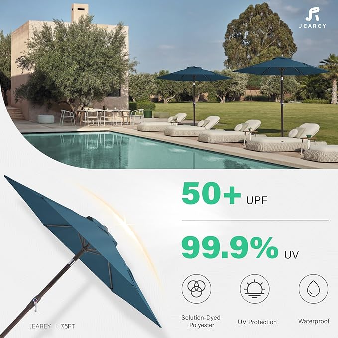 JEAREY 7.5FT Patio Umbrella Outdoor Market Umbrella with 6 Sturdy Ribs, Push Button Tilt/Crank Table Umbrella for Garden, Deck, Backyard and Pool, Lake Blue