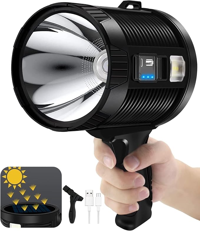 Spotlight 1000000 Lumens, 6 Modes Led Rechargeable Spotlight Flashlight As Seen on TV with Tripod, 3 Color Filters, Super Bright Solar Spot Lights Outdoor Handheld for Hunting, Boating, XXXL