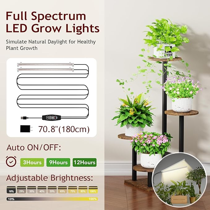 Plant Stand Indoor with Grow Light,4-Tiered Tall Plant Stand Indoor, Metal Plant Shelf with Adjustable Light, Ideal for Living Room, Garden, Patio (Black Brown)