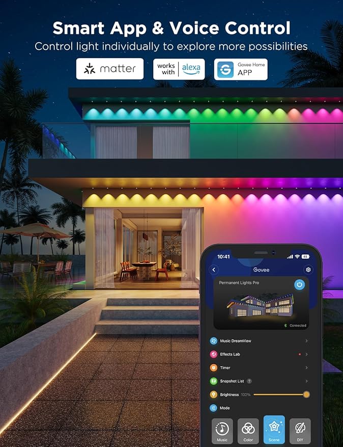 Govee Permanent Outdoor Lights Pro, 150ft with 90 RGBIC LED Lights for Daily and Accent Lighting, 75 Scene Modes for Outdoor Decor, IP67 Waterproof, Works with Alexa, Google Assistant, Matter, White
