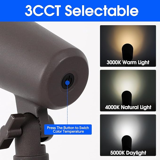 3CCT LED Landscape Lights with Connectors, 12V Low Voltage, 3000K/4000K/5000K Selectable, 3W, 200LM, Outdoor Waterproof Garden Pathway Lights Wall Tree Flag Spotlights with Spike Stand, 4 Pack