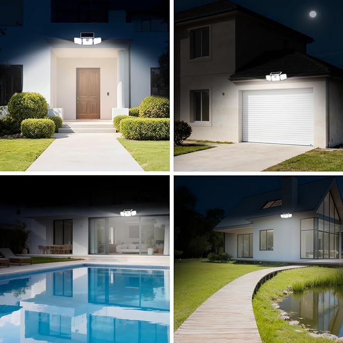 INCX 156 LED Solar Motion Lights Outdoor 2 Pack, 3 Heads Solar Security Lights with Motion Sensor IP65 Waterproof, Flood Lights for Wall, Patio, Garden, Porch, Garage White