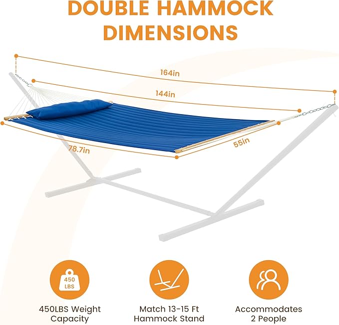 Lazy Daze 12 FT Double Quilted Fabric Hammock with Spreader Bars and Detachable Pillow, 2 Person Hammock for Outdoor Patio Backyard Poolside, 450 LBS Weight Capacity, Dark Blue/Natural